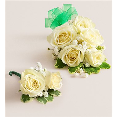 White Spray Corsage & Bout  Green Bow