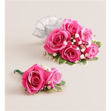 Hot Pink Spray Corsage & Bout-Silver Bow